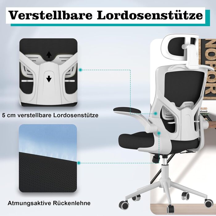 Ергономічне крісло для офісу з регульованою підголівником та поперековою підтримкою – високе офісне крісло з сітчастою спинкою та м'яким сидінням, вішалка для одягу та функцією блокування (Чорний колір з білим каркасом)