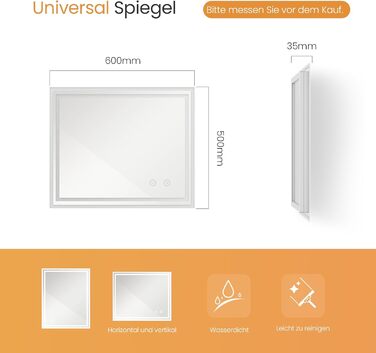 Дзеркало для ванної кімнати EMKE з підсвічуванням 50x60 см, антизапарник, холодний білий, диммер, сенсорне управління, функція пам'яті, автоматичне вимкнення через 3 години, IP44, енергозберігаюче, 60L x 50B см