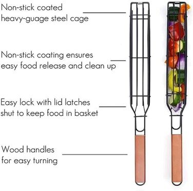Антипригарні кошики для шашлику Кошики для гриля, кошик для гриля Решітка для гриля з термостійкою дерев'яною ручкою, шампури для гриля з нержавіючої сталі Квадратна сітка для гриля, коптильна трубка для гриля овочів 4 шт. и Основний колір