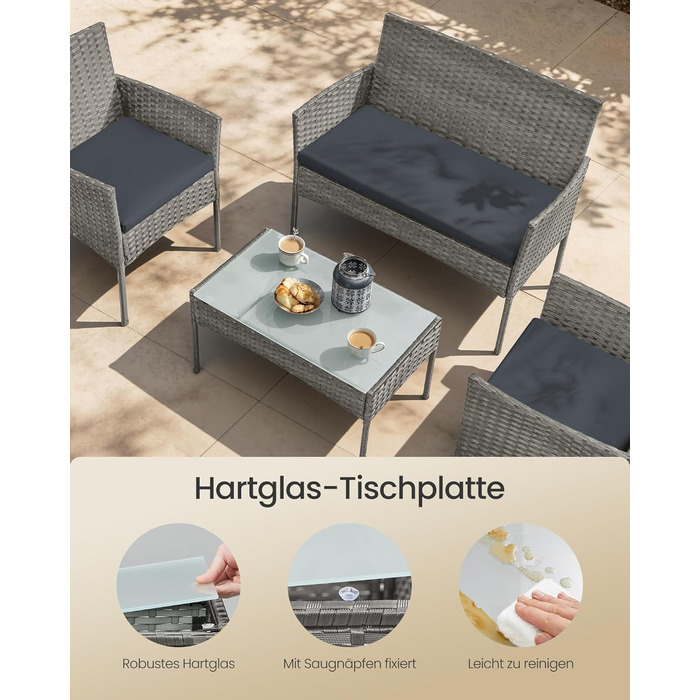 Набір садових меблів SONGMICS 4-х місний, з PE-ратан, для тераси та балкону, сірий (GGF004TZ01)