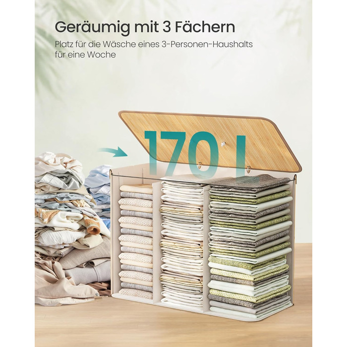 SONGMICS Кошик для білизни з кришкою, 2 відділення, бамбук, складний, знімний мішок для прання, з ручками, 170 л, для ванної кімнати, спальні, LCB014Y01
