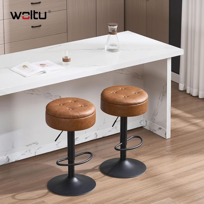Барні стільці WOLTU 2 шт. з місцем для зберігання, регульовані по висоті, 360° обертання, для кухонної вишки, їдальні, бару, кухні, вітальні, штучна шкіра, метал, коричневий, вінтажний стиль
