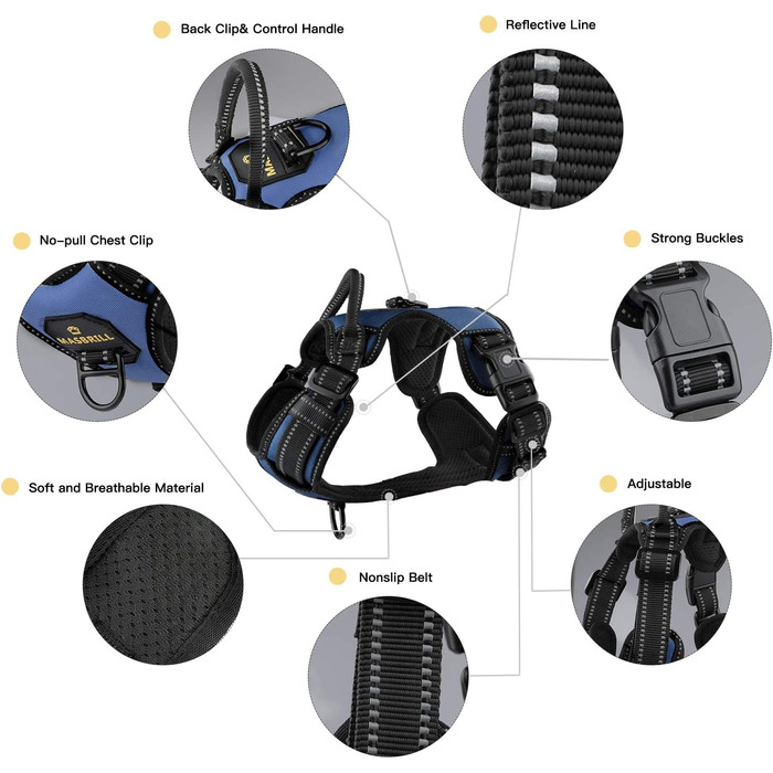 Упряж для собак MASBRILL для великих собак, упряж для собак з захистом від натягу регульована і світловідбиваюча, м'яка дихаюча упряж для собак з ручкою(Синій L) L (шия46-58 см/груди64-82 см) синій