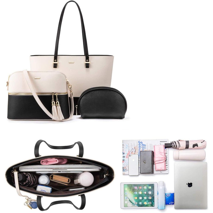 LOVEVOOK Набір сумок для жінок: 3 шт. (шоппер, сумка на плече, сумка з ручкою) – для подорожей, бізнесу, шопінгу (бежевий+чорний)
