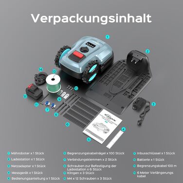 Робот-газонокосарка YARDCARE E400 з шириною скошування 18 см, керуванням через додаток, для газонів до 400 м², сенсором дощу, висотою скошування 20-60 мм, рівнем шуму менше 60 дБ, водозахистом IPX5