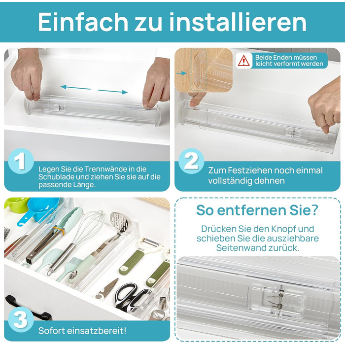 Організатори для шухляд Vtopmart 8 шт., регульовані роздільники, прозорі (25.6-41.6 см)