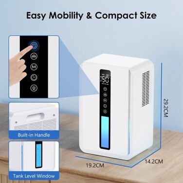 Електричний осушувач повітря 2500 мл, 3 швидкості, 2 режими, таймер 48 год, авто-стоп, захист від замерзання, для спальні та ванної кімнати