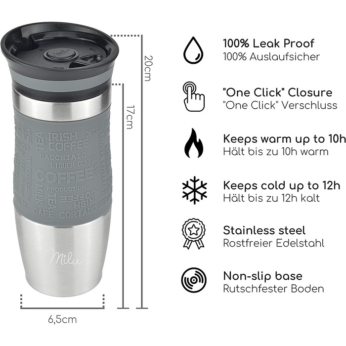 Термокружка Milu 450мл з нержавіючої сталі, 370мл, для кави з собою, з подвійними стінками, не протікає, для подорожей, авто