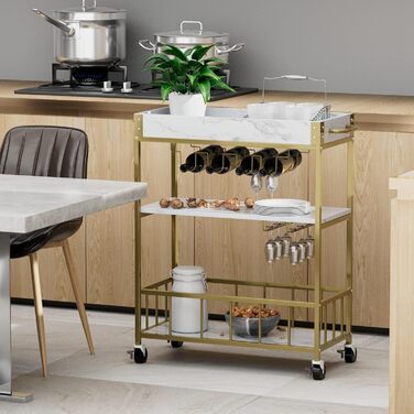 Сервізний візок Huhote з полицею для вина, барний візок, візок для напоїв, візок на колесах, візок для вина в їдальню, кухню, вітальню, бар, вечірку, з імітацією текстури дерева (золотий, корзина без заліза)