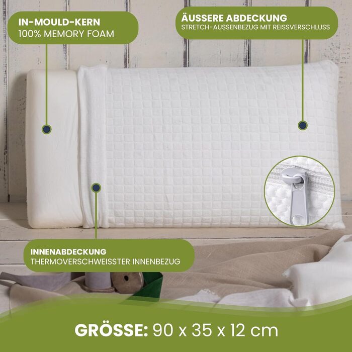 Подушка з піною з пам'яті 70 см, ергономічна, гіпоалергенна, знімний чохол на блискавці, двошаровий захист, ортопедична підтримка шиї, проти болю в шиї, сертифікат Öko Tex