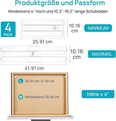 Організатори для ящиків Vtopmart (8 шт.) - регульовані роздільники для ящиків, прозорі, 25.6-41.6 см