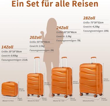 Набір валіз KONO 2 шт: ручна валіза-тележка 55 см + косметичка з поліпропілену, колір помаранчевий