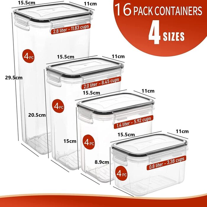 Набір контейнерів для зберігання KAHEIGN 16 шт. з кришкою, 4 розміри, герметичні, BPA-free, прозорі контейнери для продуктів, кухонні, для борошна, крупи, мюслі