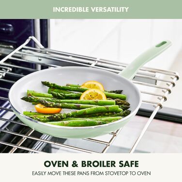 GreenPan Dover Сковорода з лопаткою, 20 см, антипригарне покриття Ceramic, безпечна, для яєць та омлетів, сумісна з духовкою, не нагрівається, легке виливання, блакитний дим, зелений колір