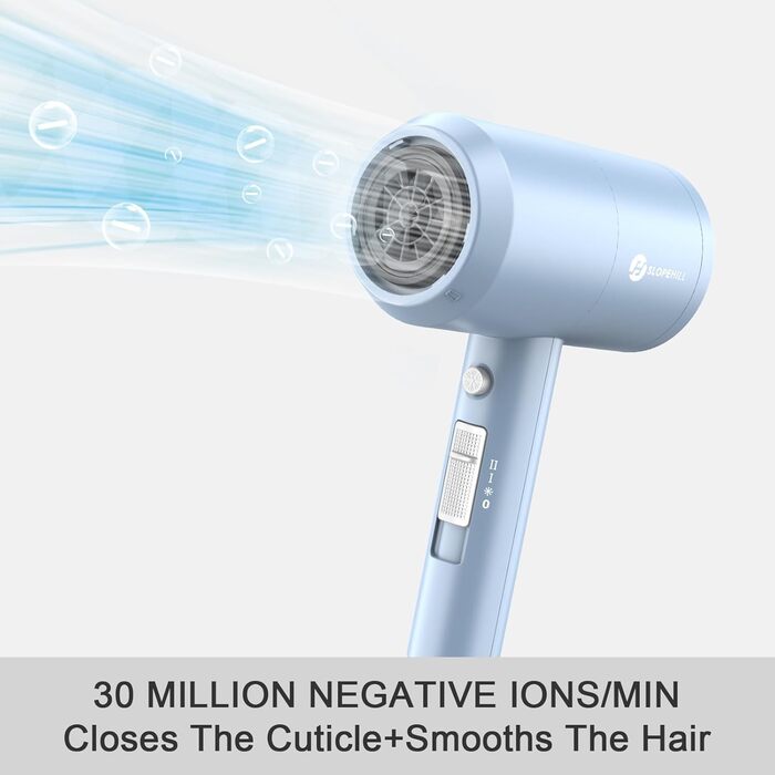 Іонний фен для волосся Slopehill 1800W для швидкого сушіння, професійний салонний фен з 3 насадками-концентраторами, дифузором, 3 режимами температури та 2 швидкостями (матовий синій)