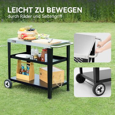 Сервісний візок Royal Gourmet з 3 ярусами, контейнер для сміття, візок для кухні, приставний столик, гриль Plancha, візок для гриля, з нержавіючої сталі, срібний, робоча поверхня 85 x 50 см