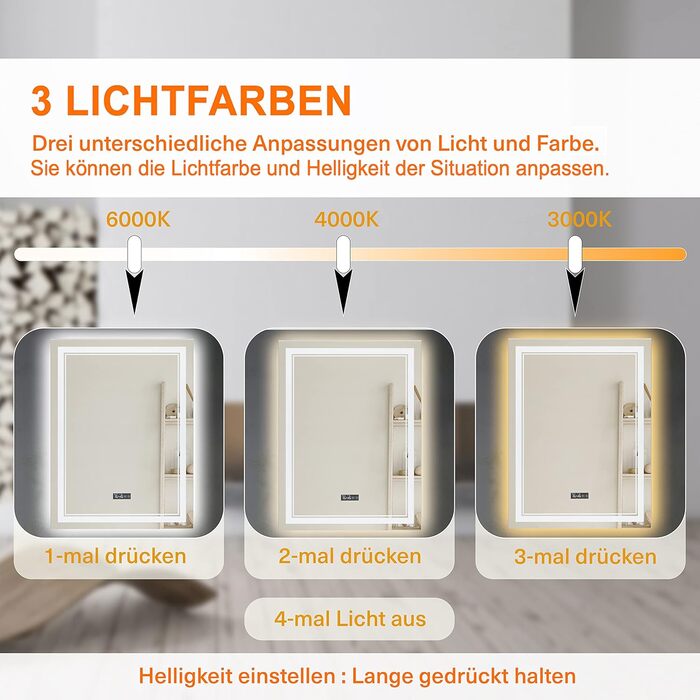 Дзеркало для ванної кімнати Puchika з підсвічуванням LED, 50x70 см, настінне, диммер, 3 кольори світла (3000-6400K), IP44, A+, сенсорне керування, антизапар