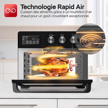 TurboTronic Цифровий Конвекційний Духовий Шовкопряд - XXL 32 літри з поворотним шампуром для курки 5 в 1 Міні-духовка, сушарка та фритюрниця Airfryer від 25°C (Чорний)