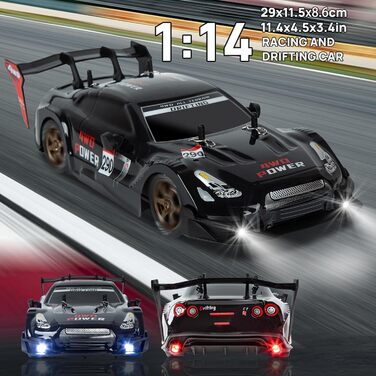 RC Автомобіль для дрифту 1:14 4WD GT – Радіокерування, пропорційний газ, чорний колір – Іграшка для дітей та дорослих