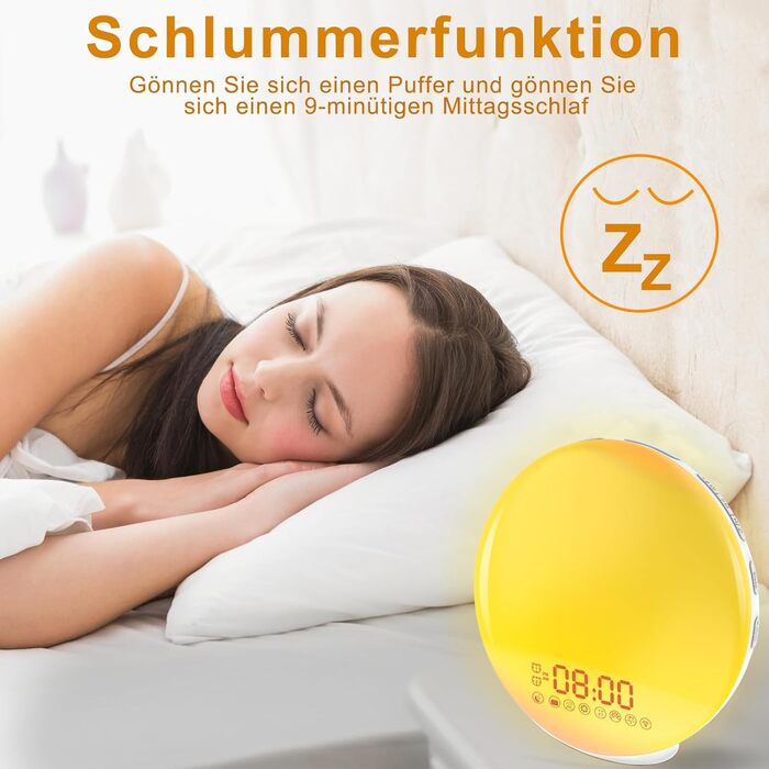 Будильник Cadrim з імітацією сходу сонця та заходу сонця, радіо, 7 природних звуків, FM-радіо, функція повтору, для дорослих та дітей, жовтий