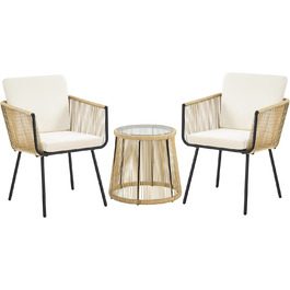 Набір садових меблів Yaheetech з ротангу для балкона: 2 крісла з подушками та стіл зі скляною стільницею, світло-коричневий/кремовий