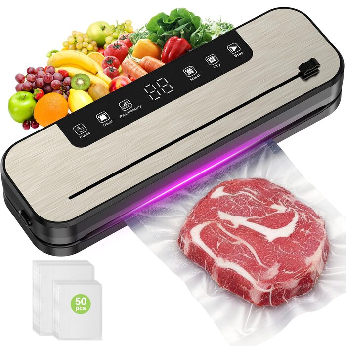 Вакууматор SHINER 6-в-1 для сухих та вологих продуктів, компактний вакуумний пакувальник з цифровим дисплеєм та набором пакетів, сріблястий