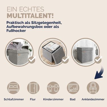 Пуф Casaria® з місцем для зберігання, білий, складний, з м'яким сидінням, 38x38 см. Підходить для спальні, вітальні, передпокою.