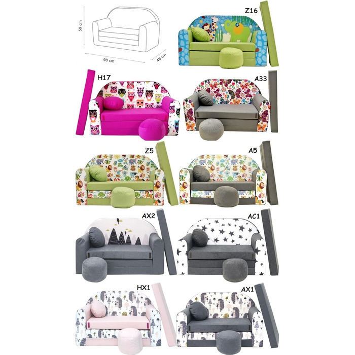 Дитяче розкладне ліжко-диван 3в1 All4All Kindersofa - ліжко, диван, ігровий центр для дітей. Зручна дитяча м'яка дитяча кушетка з функцією сну, різні кольори та малюнки (сірий, рожевий, зелений, тваринні мотиви).