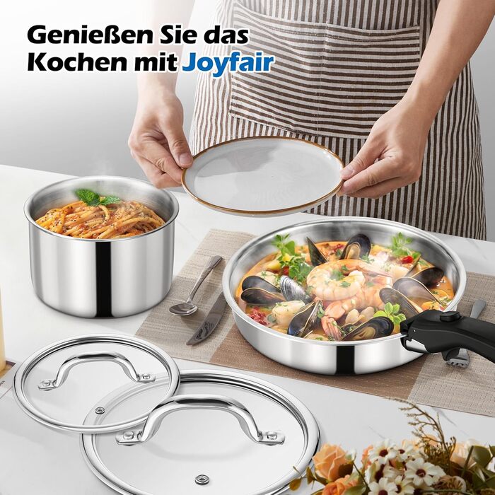 Набір каструль Joyfair, 9 предметів, з нержавіючої сталі, знімний ручка, для індукційних плит, сумісний з усіма типами плит, можна використовувати в духовці та мити в посудомийній машині