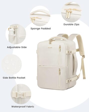 Рюкзак LOVEVOOK для ручної поклажі 40x30x20, дорожній рюкзак для жінок та чоловіків, ручна поклажа, рюкзак для подорожей 24л для 14-дюймового ноутбука, рюкзак-валіза з USB для роботи, бізнес-подорожі (40 x 20 x 25 см (14 дюймів), Бежевий)