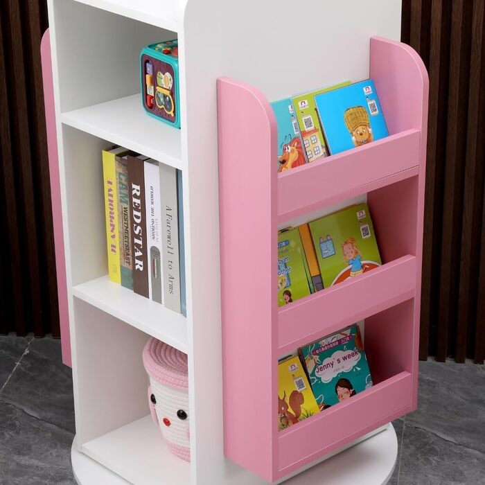 Дитяча полиця Juna - приблизно 60 x 60 x 105,3 см, Колір Білий/ обертається на 360 I Іграшкова полиця I Дитяча книжкова полиця Полиця для дитячої кімнати (рожева)