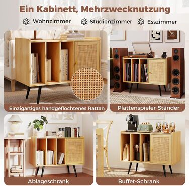 COSTWAY Стійка для програвача з зарядкою, стіл для зберігання вінілових платівок, меблева шафа з ротангу та дерева, підставка для 220 платівок, 80 x 40 x 65 см (натуральний колір)