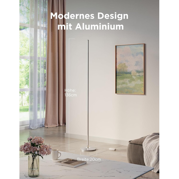 Govee RGBIC LED Торшер WiFi, Диммування, Alexa & Matter, 16 млн кольорів, 85 режимів, Музичний режим, DIY, для вітальні, спальні, геймінгу (Срібний, 1 шт)