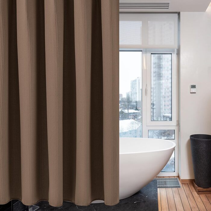 Шторка для душу з льону з металевими кільцями, сіра, 182 x 214 см - Текстильна шторка для ванни, вологостійка, важка