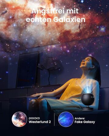 Проєктор зоряного неба POCOCO Sternenhimmel, LED Галактика для дітей та дорослих, Планетарій з 2 дисками, Нічник-Аврора, Таймер, для сну та релаксації (Чорний)