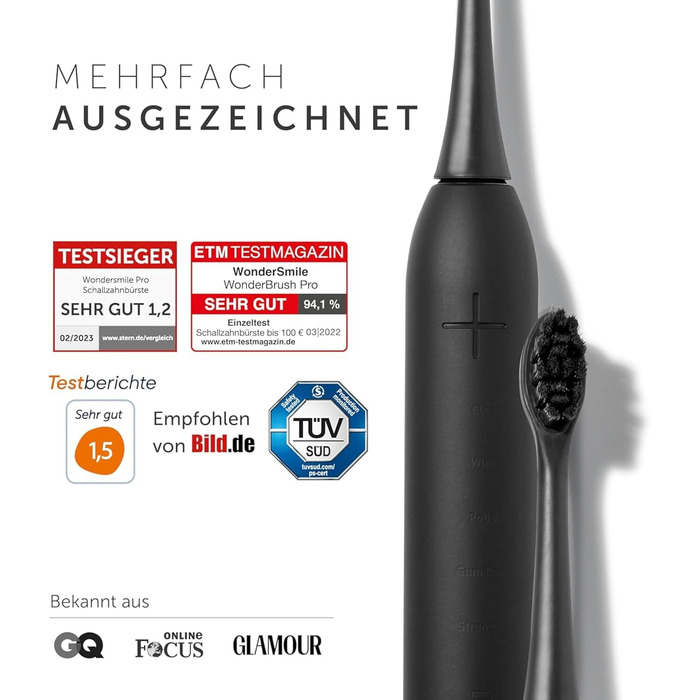 Електрична зубна щітка Wondersmile PRO - переможець тесту 2025 - 100 днів без ризику - сертифікована TÜV - 4 режими, акумулятор 60 днів, розумна насадка (Ultimate Black)