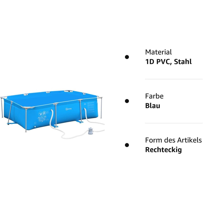 Каркасний басейн Outsunny зі шлангом Плавальний басейн Зливний клапан для басейну для чистої води 1000D ПВХ Сталевий синій 292 x 190 x 75 см Синій 292W x 190D x 75H см