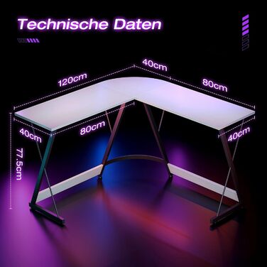 Ігровий стіл ODK, L-подібний кутовий стіл для геймінгу та офісу, 120x120 см, білий