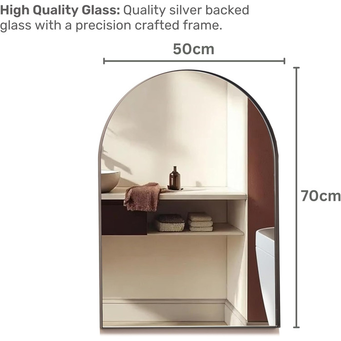 Дзеркало для ванної кімнати Arched Frame® Premium з золотою рамою, настінне, сучасне, стильне (50x40 см), матовий чорний, 70x50 см