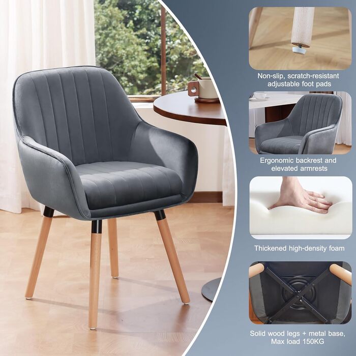 Крісла для їдальні ELUCHANG (2 шт), 360° обертання, товста подушка 10 см, високі підлокітники, сірий велюр, до 150 кг, для спальні, кухні, вітальні
