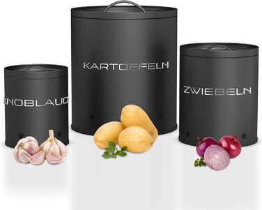 Коробки для зберігання картоплі, цибулі та часнику (набір 3 шт.) - Коробки для овочів з вентиляційними отворами, матовий чорний