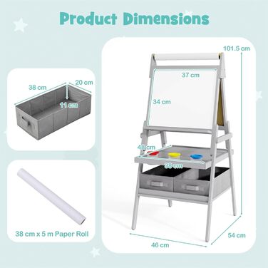 Дитяча мольберт DREAMADE 3 в 1: магнітна дошка, крейдяна дошка, рулон паперу, 4 стаканчики для фарби та 2 тканинні коробки. Для дітей від 3 років (білий, сірий)