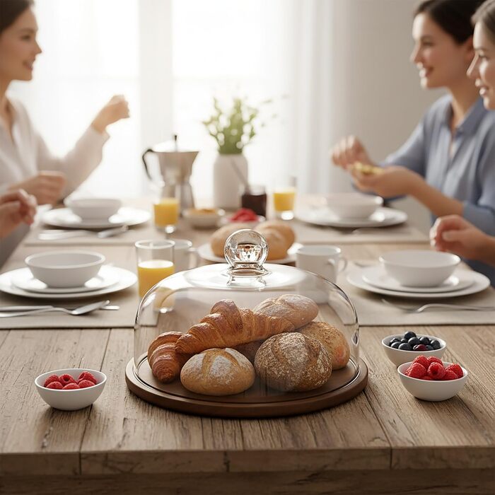 Таця Relaxdays з кришкою, скляна, для тортів та закусок, зберігає свіжість, 16x28 см, дерев'яна (акація)