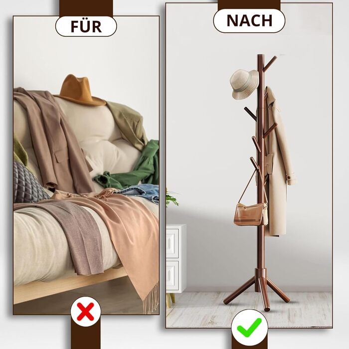 Дерев'яна вішалка для одягу Bayt - 175 см, 8 гачків, регульована висота, коричнева