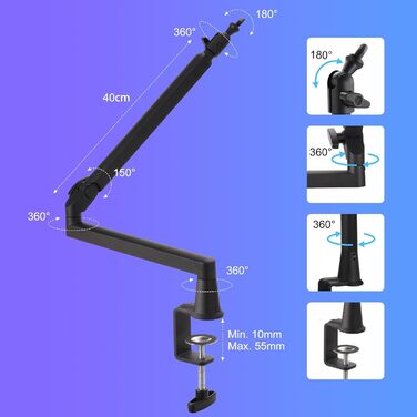 Мікрофонний стійкий кронштейн з металевим тримачем 15 см, для подкастів, стрімінгу, геймінгу (чорний)