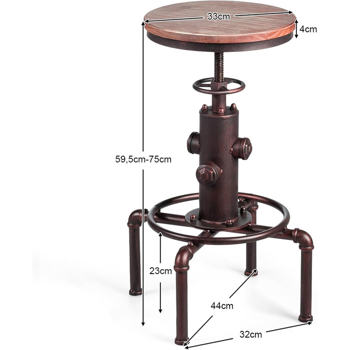 Барний стілець COSTWAY з регулюванням висоти, 59,5-75 см, дерево/метал, вінтажний промисловий дизайн