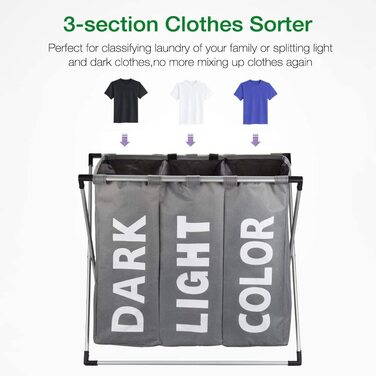 Сортувальник для білизни Oxford Trio з 3 відділеннями (102L), сірий | Кошик для білизни, контейнер для брудної білизни