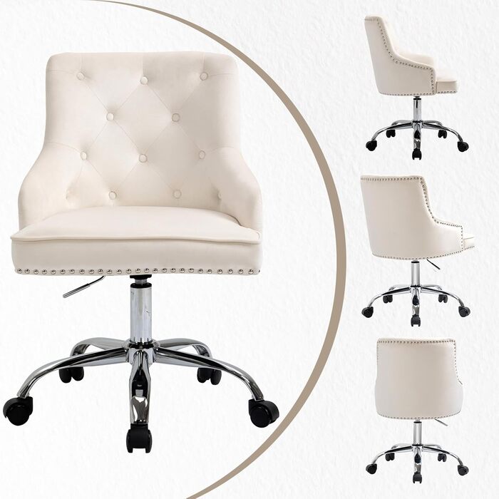 Крісло для офісу Fiximaster з велюру, поворотне, з регулюванням висоти, на роликах, золоті ніжки, для дому/офісу, до 135 кг, біле