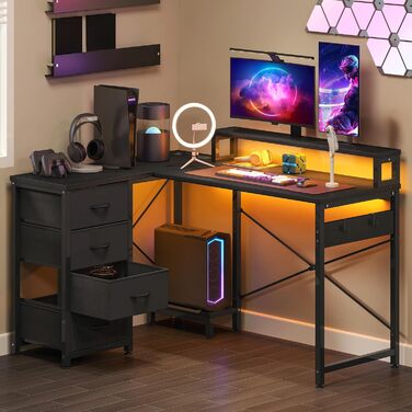 Кутовий стіл YITAHOME з 4 висувними ящиками, LED-підсвічуванням та USB-портами, 130x100 см, чорний