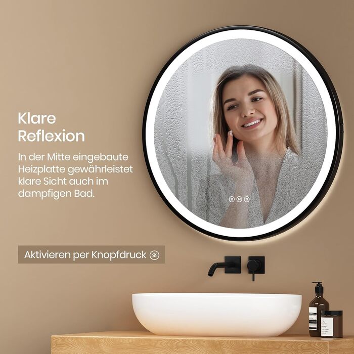 Дзеркало для ванної кімнати EMKE з підсвічуванням, діаметр 50 см, чорний каркас, регульована яскравість, 3 кольори світла, антизапар, сенсорне керування, функція пам'яті